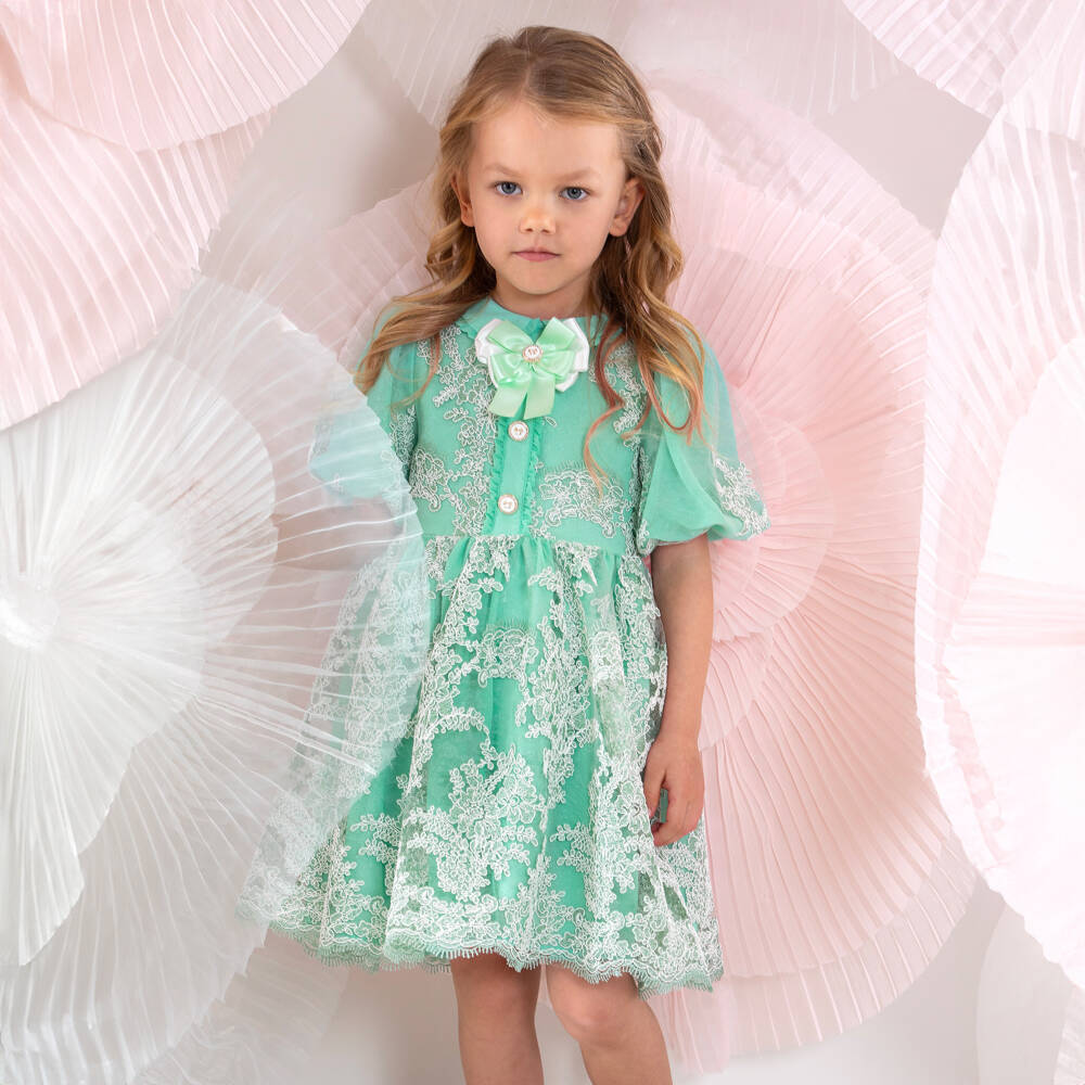 Patachou-Платье из мятного кружева с цветочным узором для девочек | Childrensalon Outlet