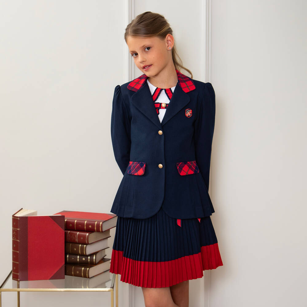 Patachou-Girls Navy Blazer with Tartan Accents | Childrensalon Outlet
