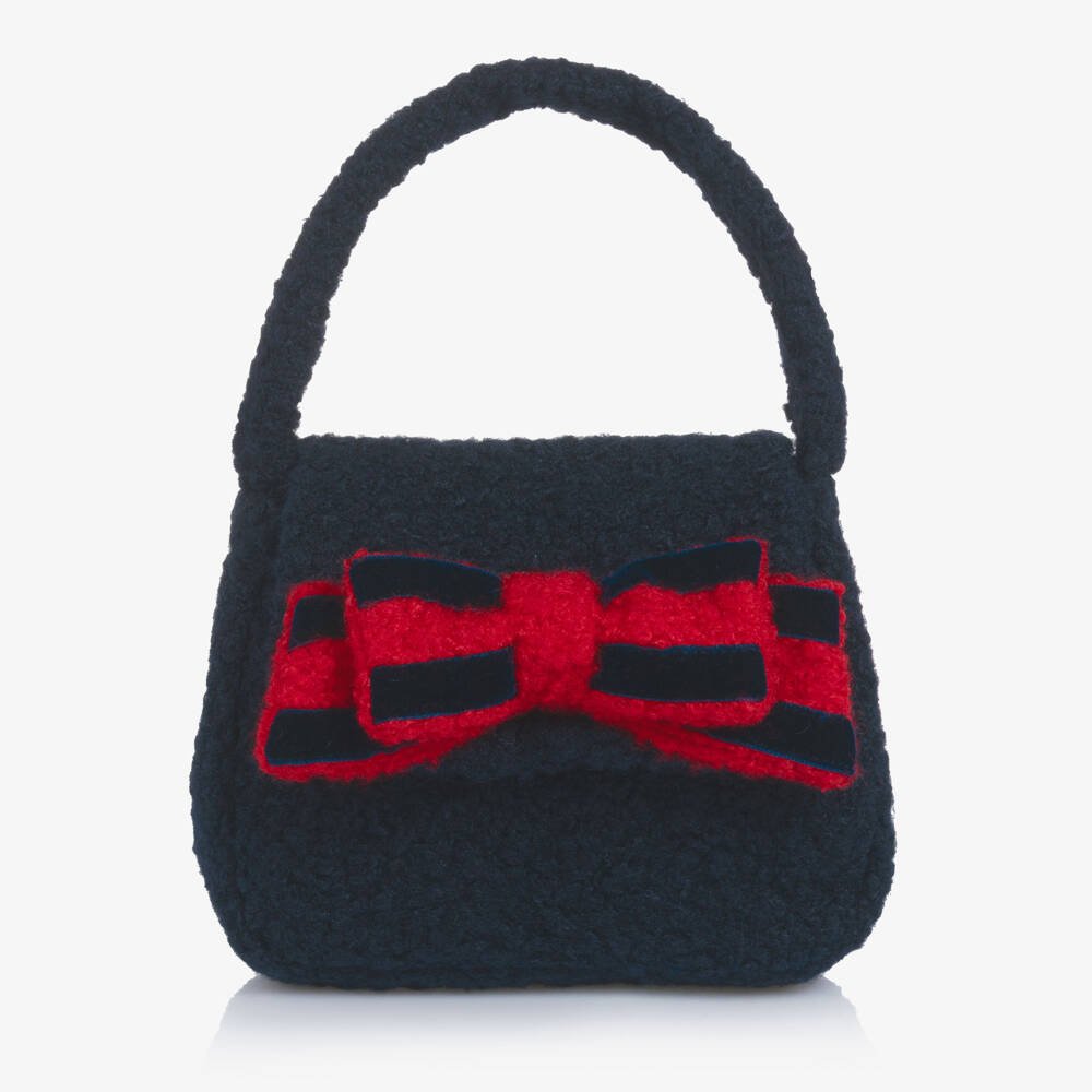 Patachou-Girls Navy Blue Bouclé Handbag with Red Bow Trim (20cm) | Childrensalon Outlet