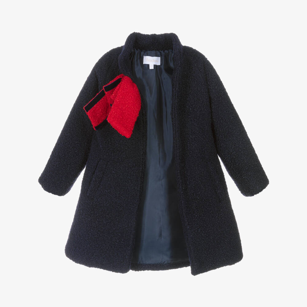 Patachou-Girls Navy Blue Bouclé Coat with Red Bow | Childrensalon Outlet