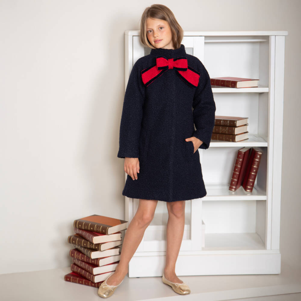 Patachou-Girls Navy Blue Bouclé Coat with Red Bow | Childrensalon Outlet