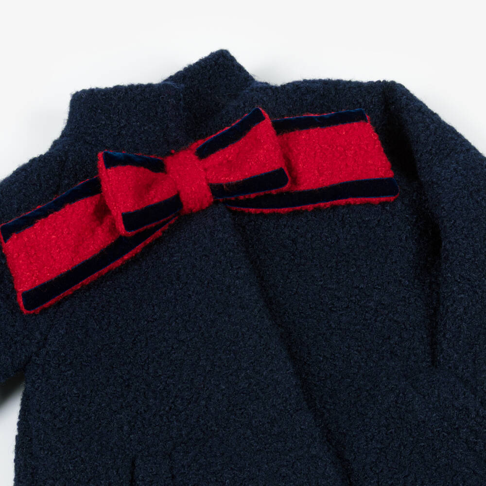Patachou-Girls Navy Blue Bouclé Coat with Red Bow | Childrensalon Outlet
