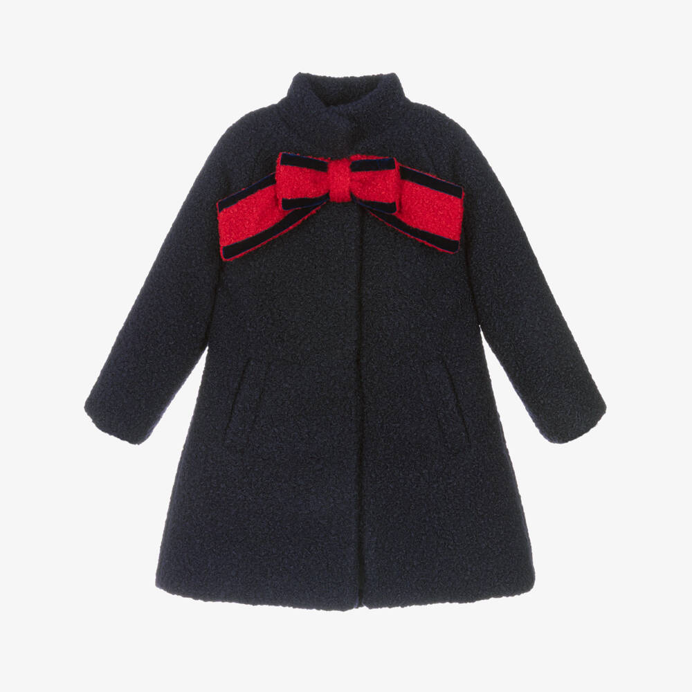 Patachou-Girls Navy Blue Bouclé Coat with Red Bow | Childrensalon Outlet