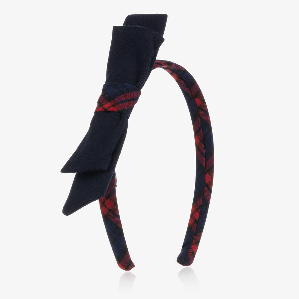 Patachou-Girls Navy Blue Bow Tartan Hairband | Childrensalon Outlet