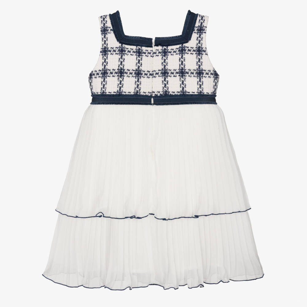 Patachou-Girls Navy Blue Check Tweed & Chiffon Dress | Childrensalon Outlet