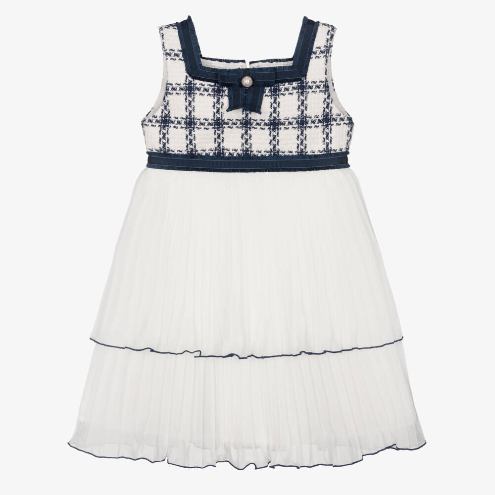 Patachou-Girls Navy Blue Check Tweed & Chiffon Dress | Childrensalon Outlet