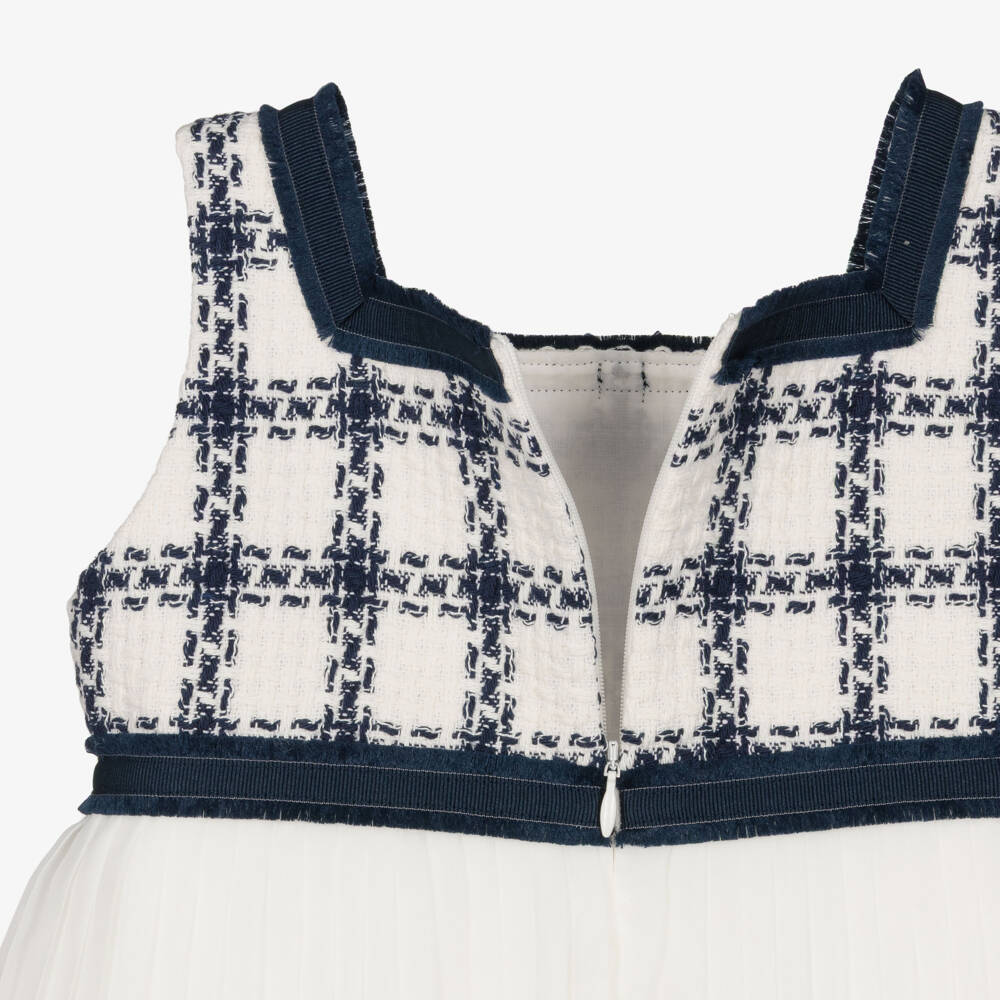 Patachou-Girls Navy Blue Check Tweed & Chiffon Dress | Childrensalon Outlet