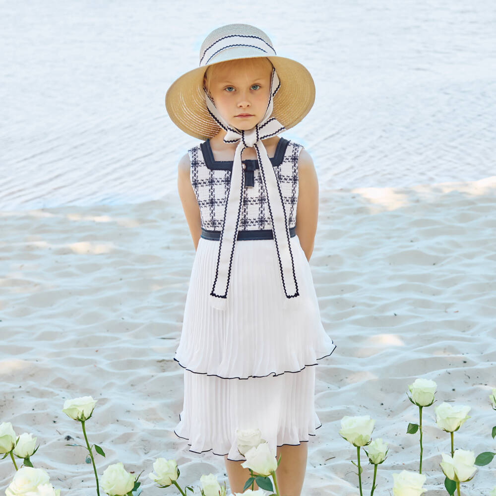 Patachou-Girls Navy Blue Check Tweed & Chiffon Dress | Childrensalon Outlet