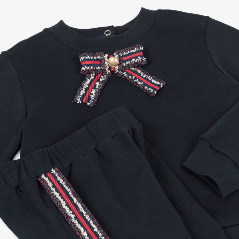 Patachou-بدلة رياضية للبنات من القطن الأزرق الداكن مع فيونكة | Childrensalon Outlet