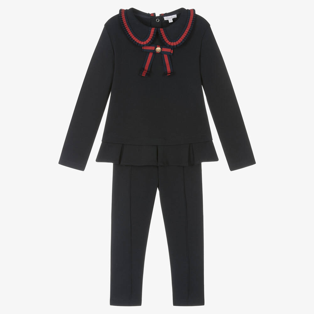 Patachou - Girls Navy Blue Cotton Bow Trouser Set | Childrensalon