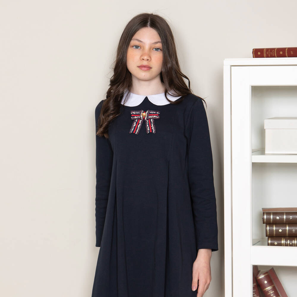 Patachou-فستان بناتي كحلي من القطن مع فيونكة | Childrensalon Outlet