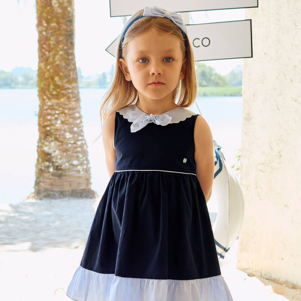 Patachou-Girls Navy Blue Cotton Dress with Scalloped Sailor Collar | Childrensalon Outlet