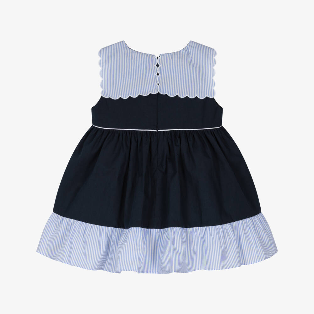 Patachou-Girls Navy Blue Cotton Dress with Scalloped Sailor Collar | Childrensalon Outlet