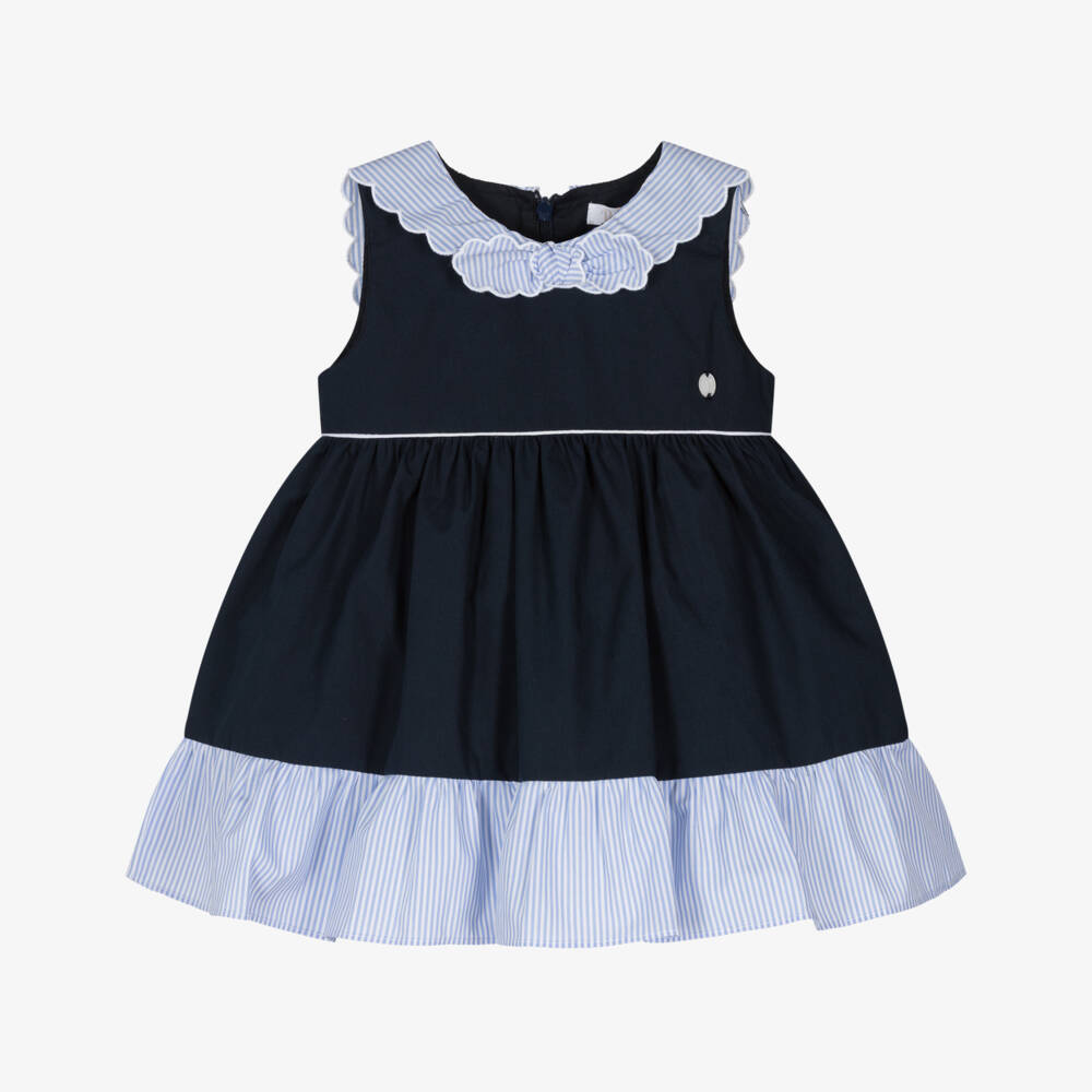 Patachou-Girls Navy Blue Cotton Dress with Scalloped Sailor Collar | Childrensalon Outlet