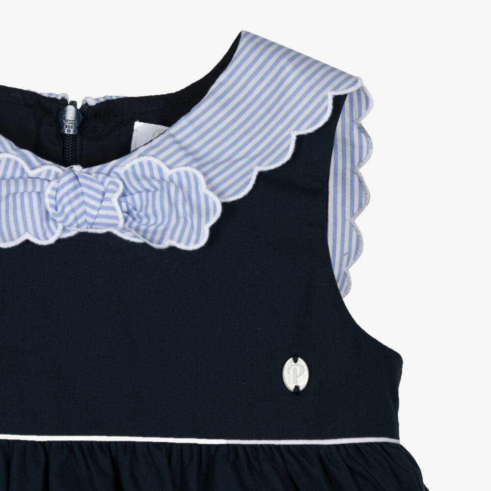 Patachou-Girls Navy Blue Cotton Dress with Scalloped Sailor Collar | Childrensalon Outlet