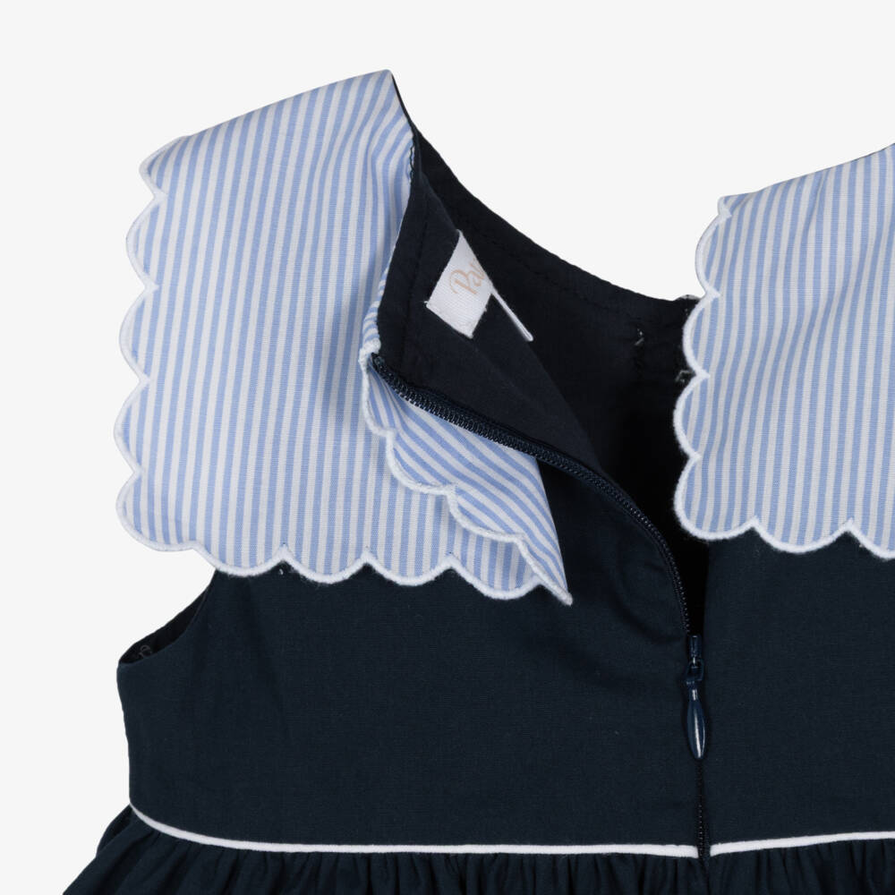 Patachou-Girls Navy Blue Cotton Dress with Scalloped Sailor Collar | Childrensalon Outlet