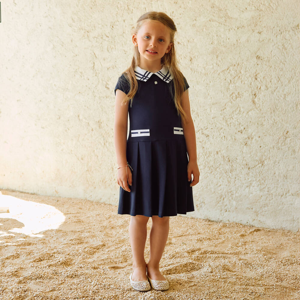 Patachou-Girls Navy Blue Cotton Jersey Dress with White Collar | Childrensalon Outlet