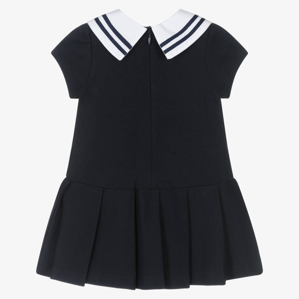 Patachou-Girls Navy Blue Cotton Jersey Dress with White Collar | Childrensalon Outlet