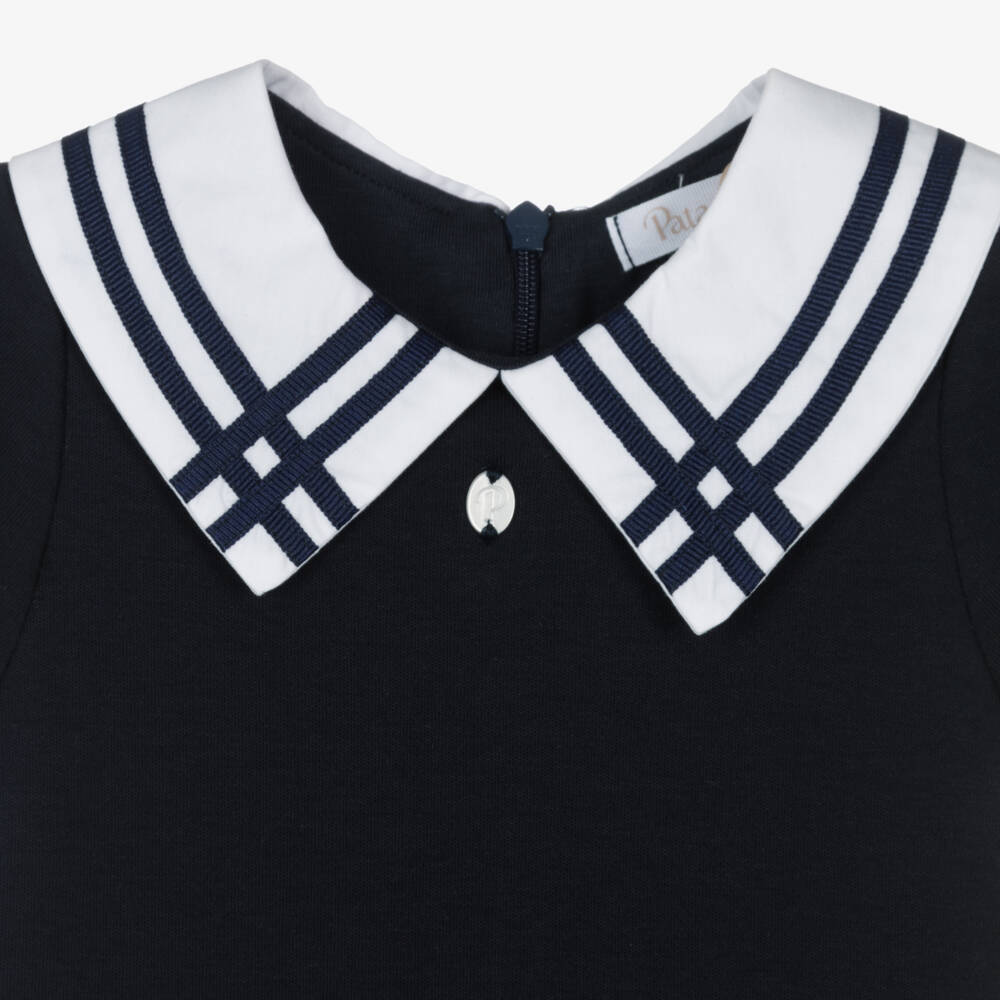 Patachou-Girls Navy Blue Cotton Jersey Dress with White Collar | Childrensalon Outlet