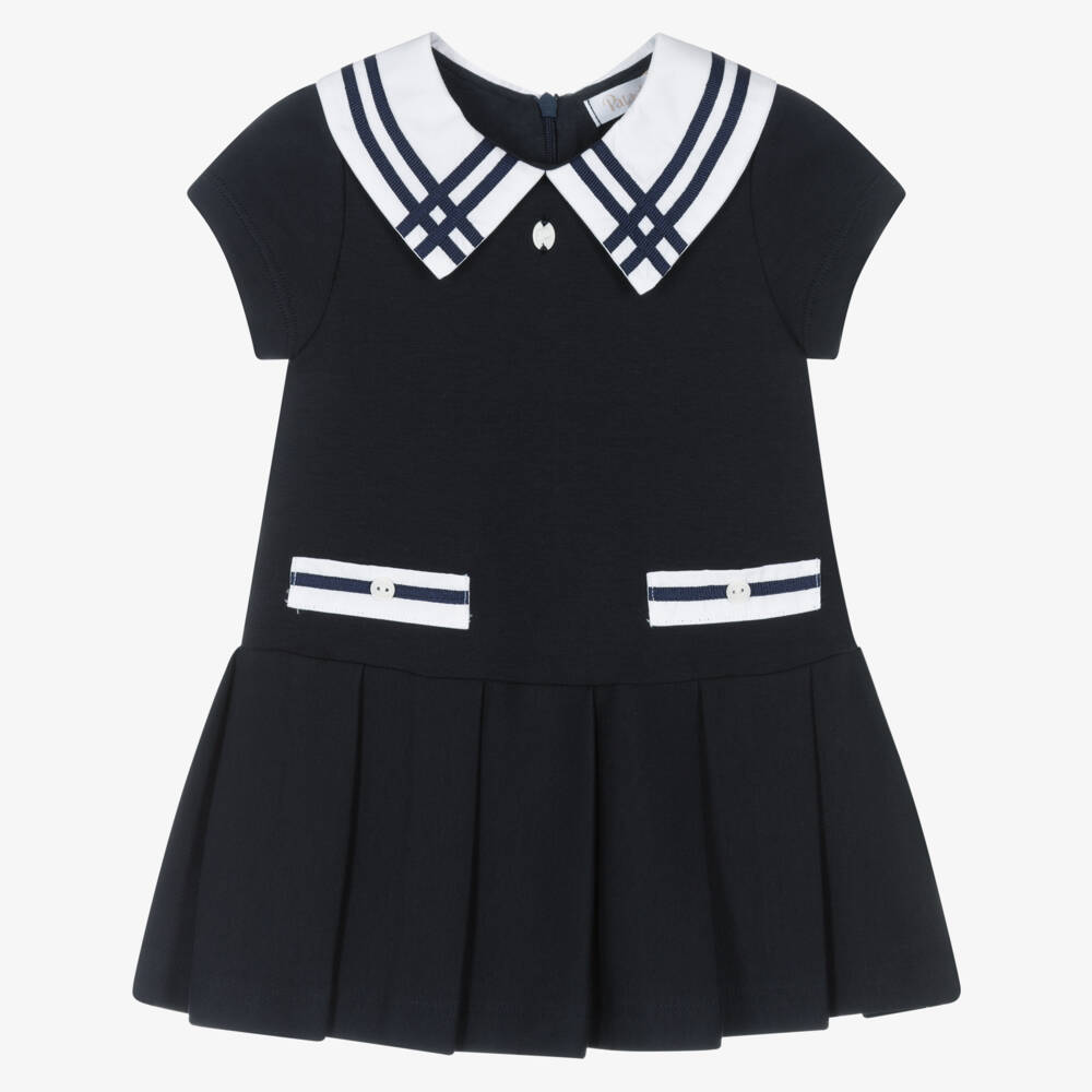 Patachou-Girls Navy Blue Cotton Jersey Dress with White Collar | Childrensalon Outlet
