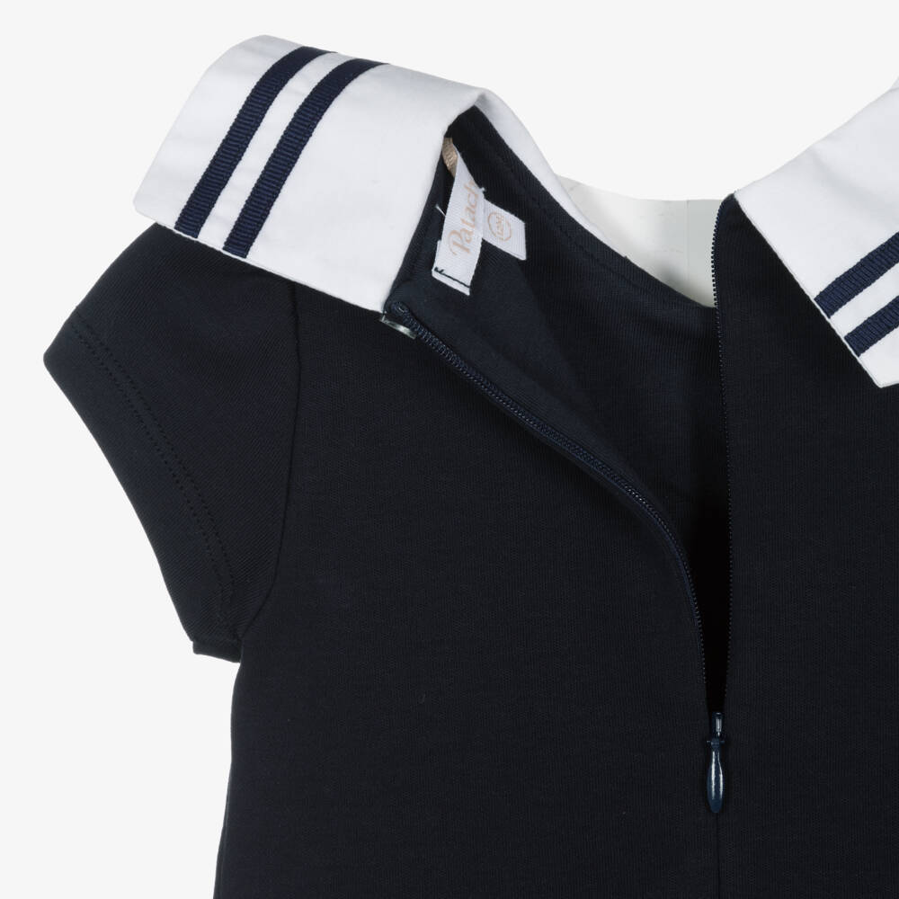 Patachou-Girls Navy Blue Cotton Jersey Dress with White Collar | Childrensalon Outlet