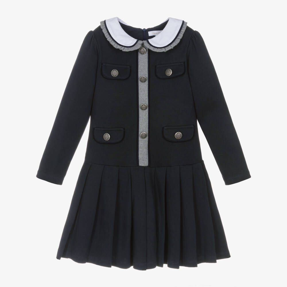 Patachou-Girls Navy Blue Cotton Jersey Pleated Dress | Childrensalon Outlet
