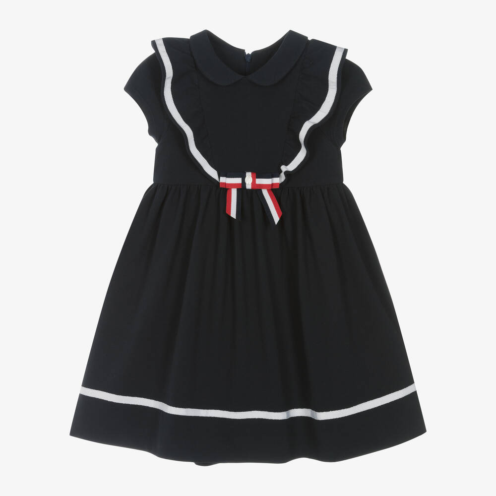 Patachou-Girls Navy Blue Cotton Ruffle & Bow Dress | Childrensalon Outlet