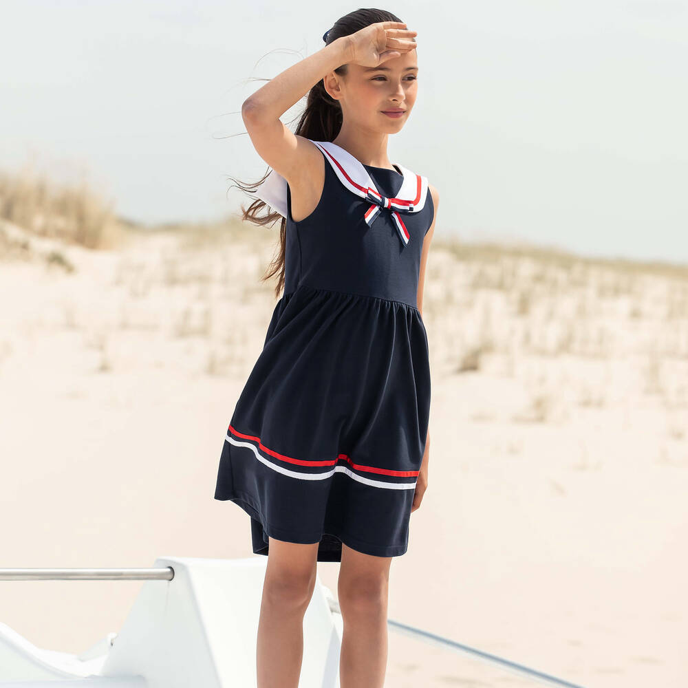 Patachou Girls Navy Blue Cotton Sailor Dress Childrensalon Outlet