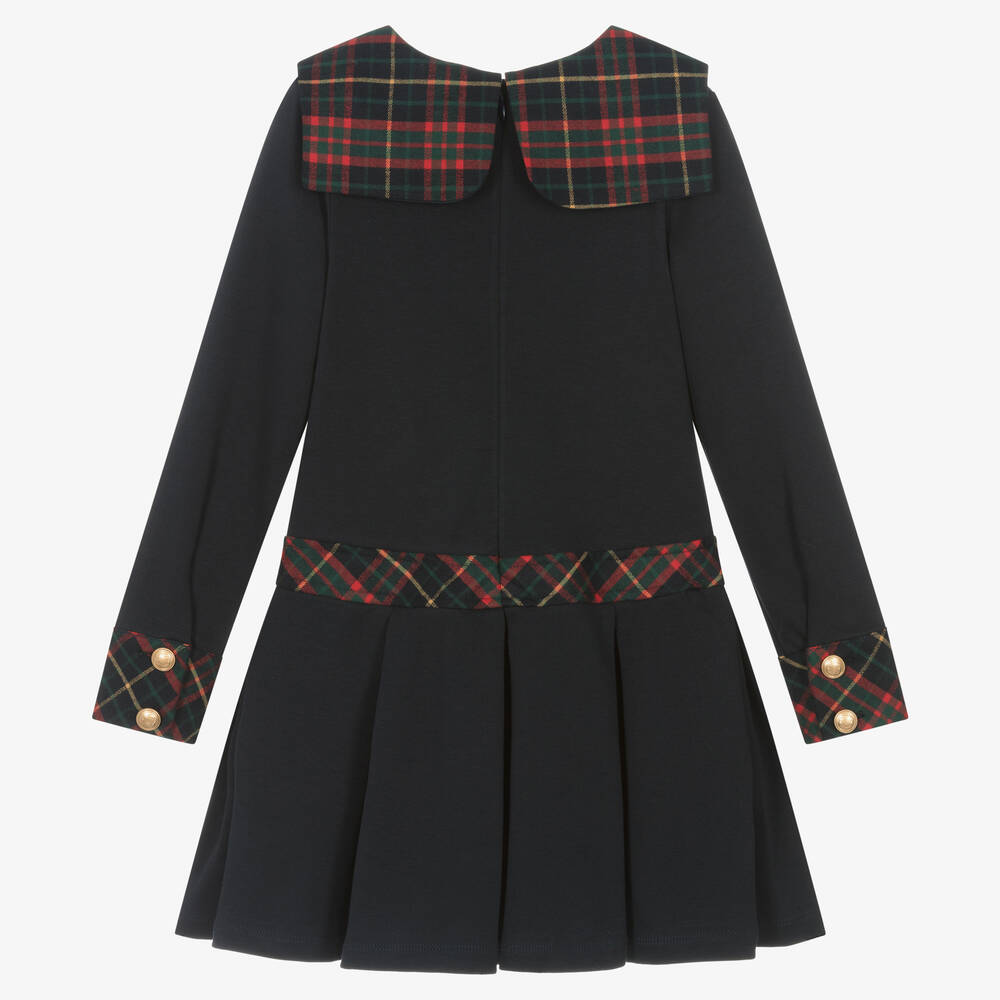 Patachou-Girls Navy Blue Cotton Tartan Dress | Childrensalon Outlet