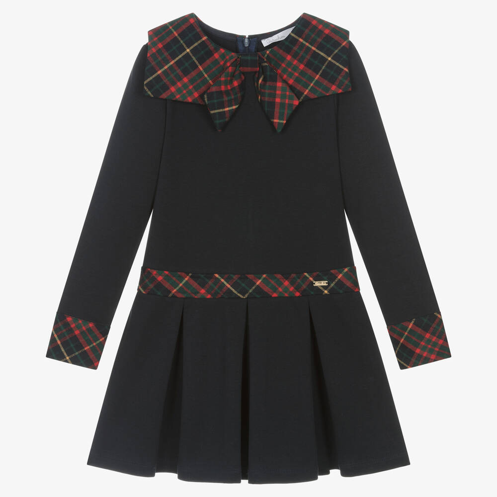 Patachou - Girls Navy Blue Cotton Tartan Dress | Childrensalon