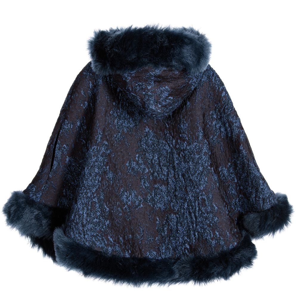 Patachou-Girls Navy Blue Jacquard Cape with Fur Trim | Childrensalon Outlet