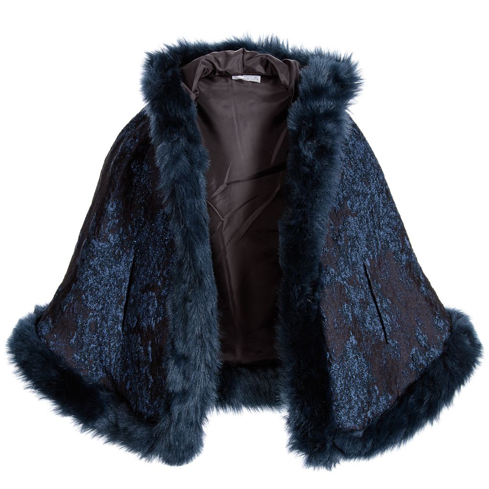Patachou-Girls Navy Blue Jacquard Cape with Fur Trim | Childrensalon Outlet