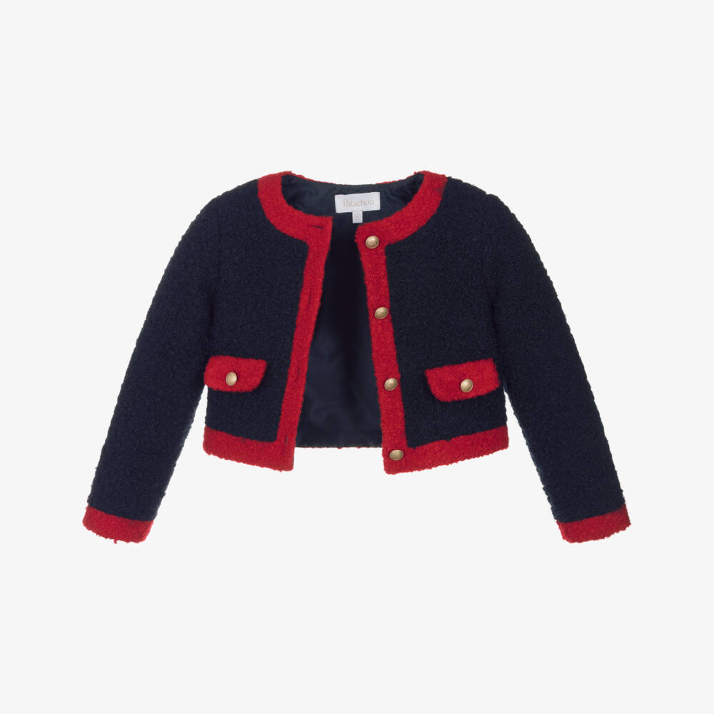 Patachou-Girls Navy Blue & Red Bouclé Jacket | Childrensalon Outlet