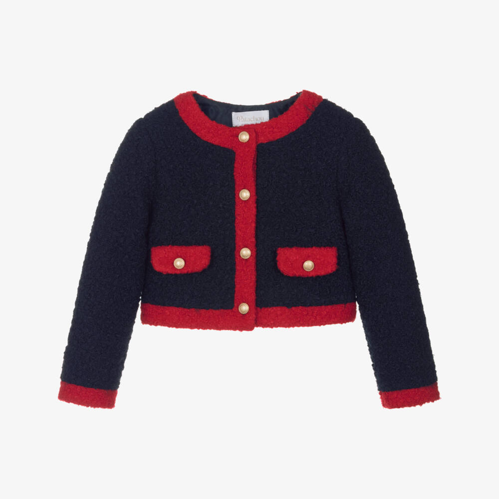 Patachou-Girls Navy Blue & Red Bouclé Jacket | Childrensalon Outlet