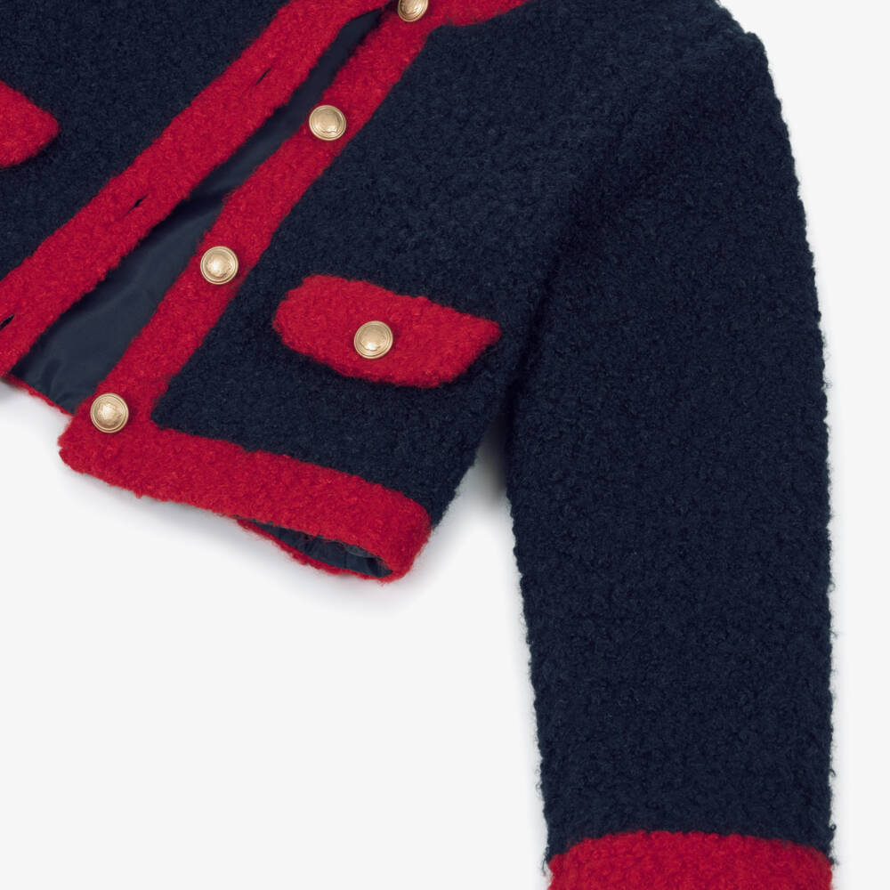 Patachou-Girls Navy Blue & Red Bouclé Jacket | Childrensalon Outlet