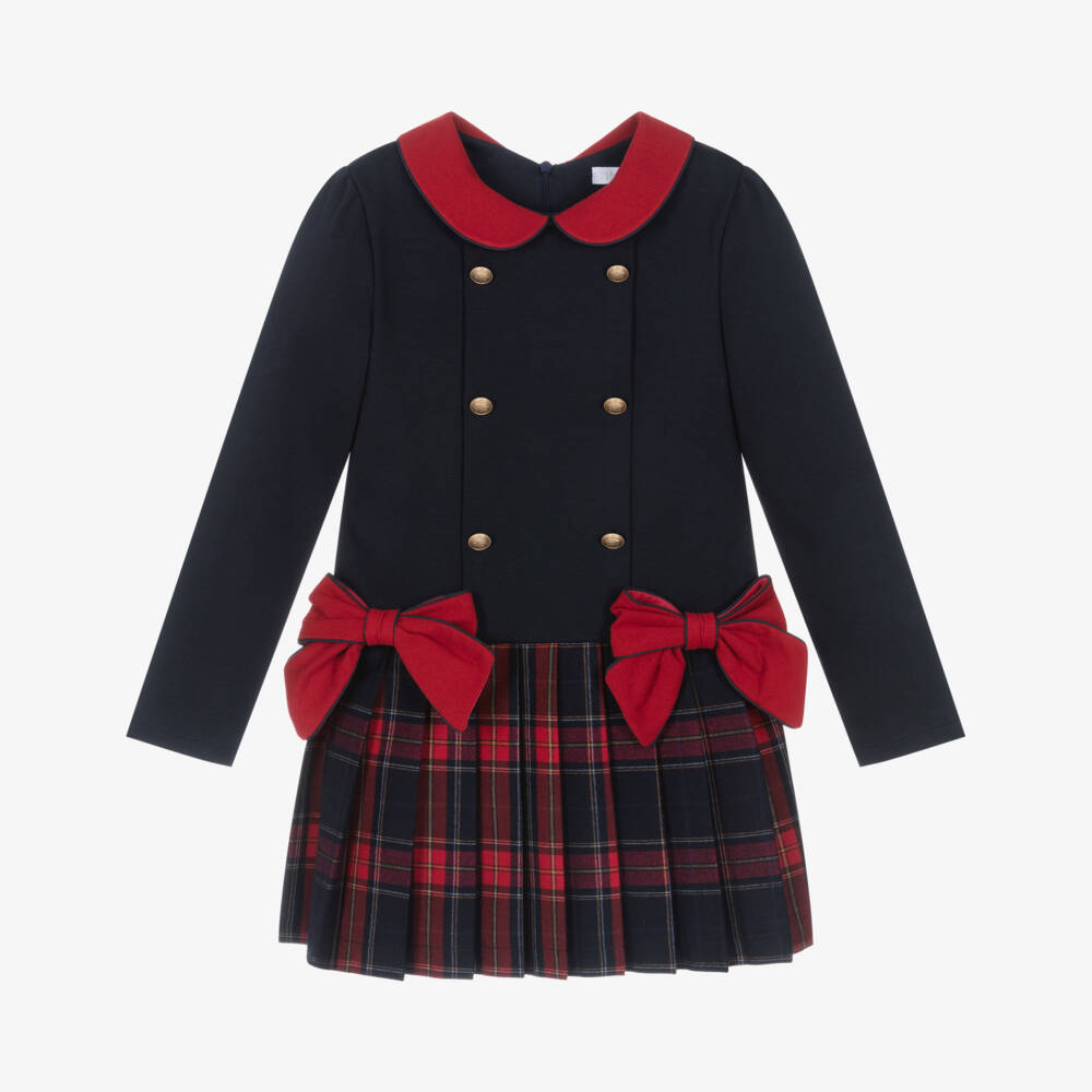 Patachou-Girls Navy Blue & Red Pleated Tartan Cotton Dress with Bows | Childrensalon Outlet