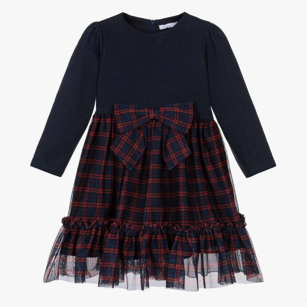 Patachou-Girls Navy Blue & Red Tartan Tulle Dress | Childrensalon Outlet