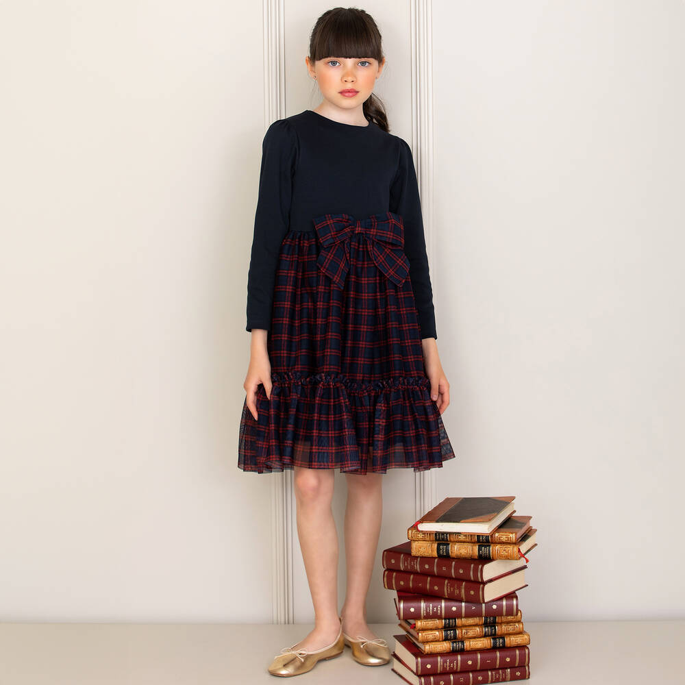 Patachou-Girls Navy Blue & Red Tartan Tulle Dress | Childrensalon Outlet