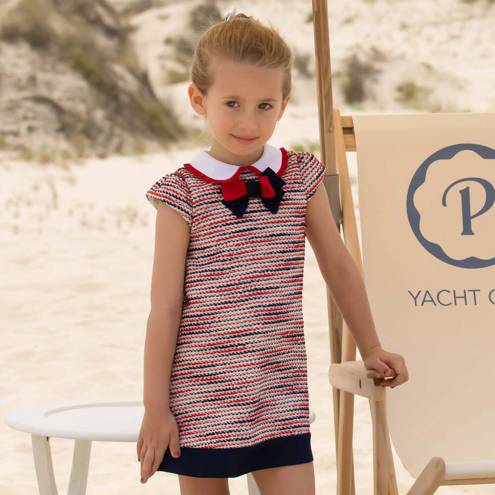 Patachou-فستان تويد لون كحلي وأحمر وعاجي | Childrensalon Outlet