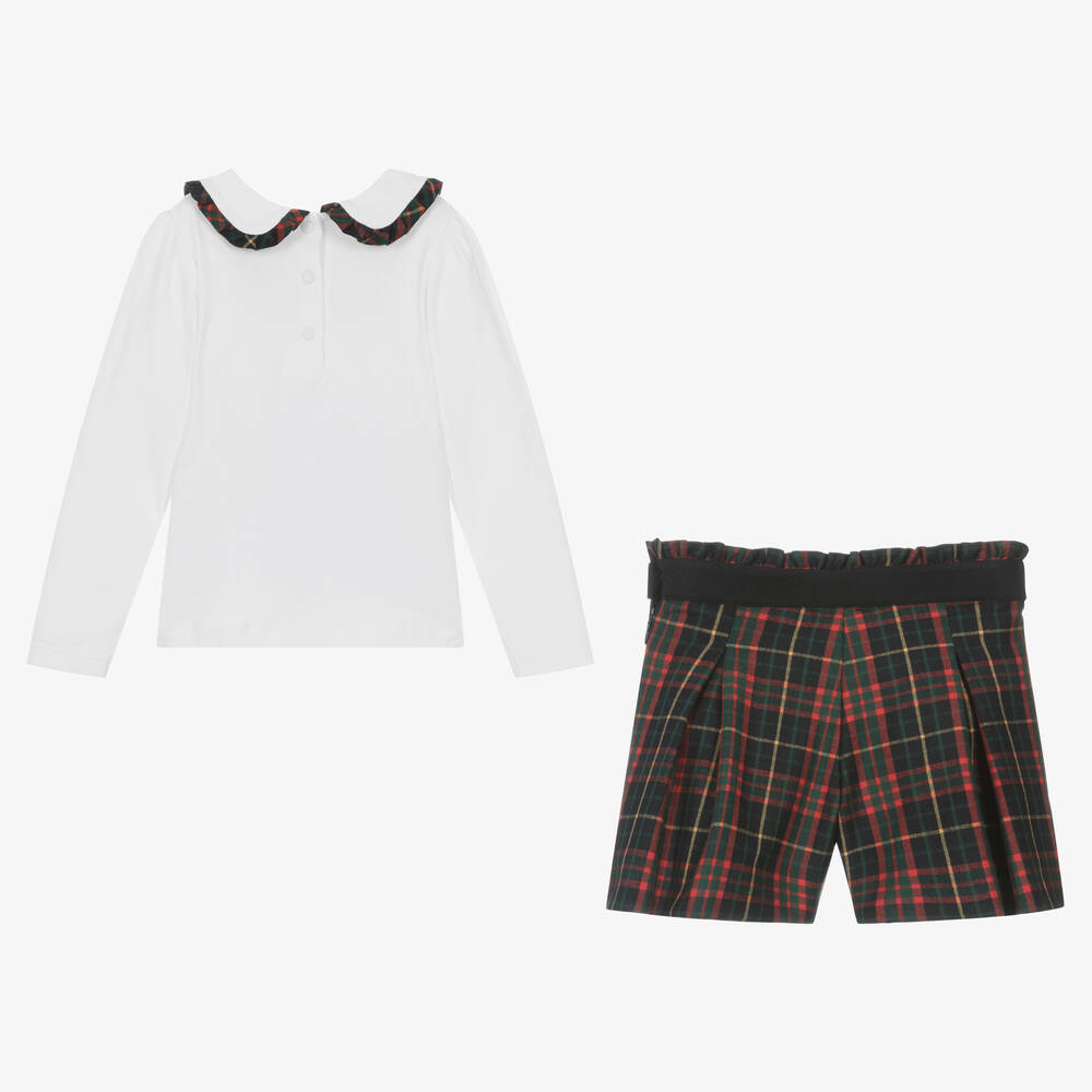 Patachou-Girls Navy Blue Tartan Cotton Shorts Set | Childrensalon Outlet