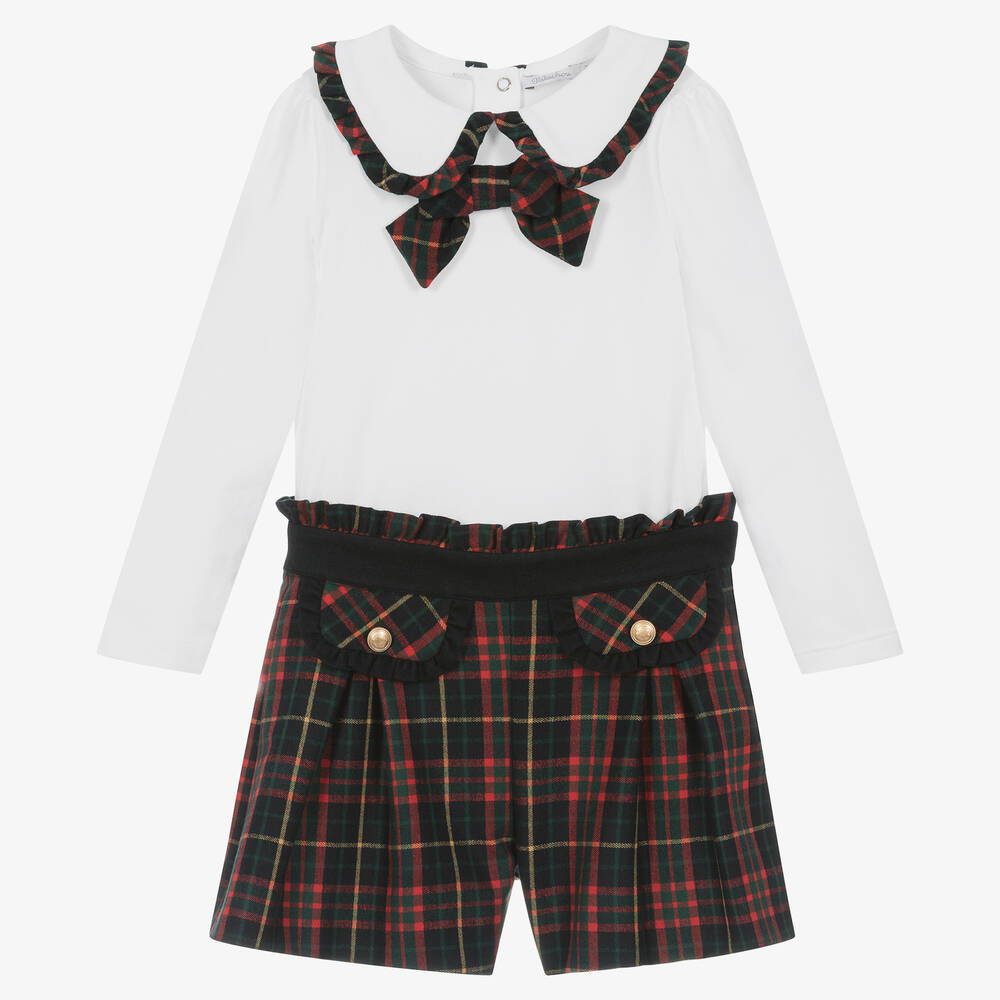 Patachou - Girls Navy Blue Tartan Cotton Shorts Set | Childrensalon