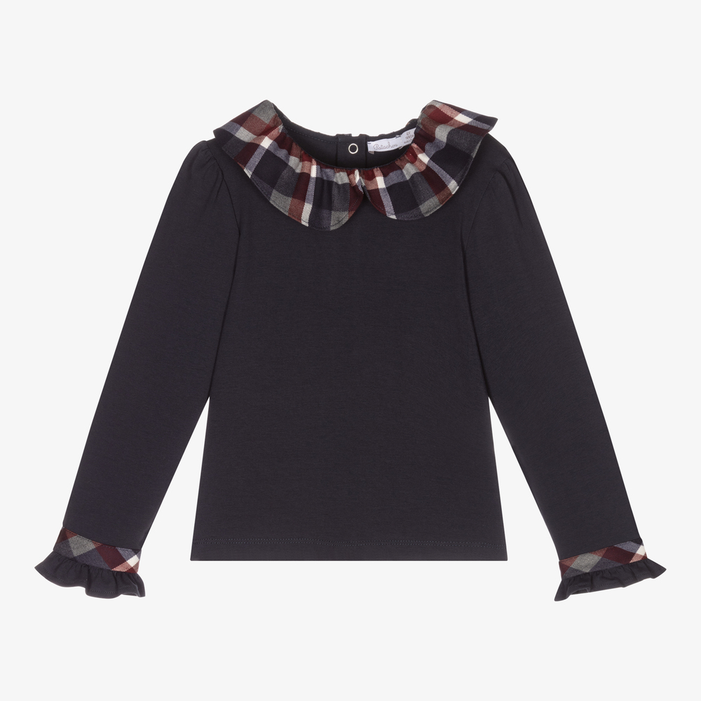 Patachou - Girls Navy Blue & Tartan Top | Childrensalon