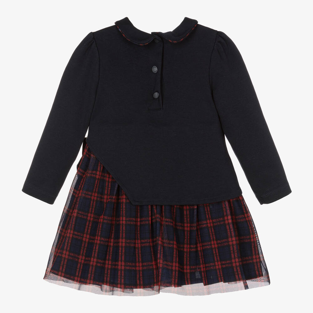 Patachou-فستان قطن جيرسي وتول تارتان لون أحمر وكحلي | Childrensalon Outlet