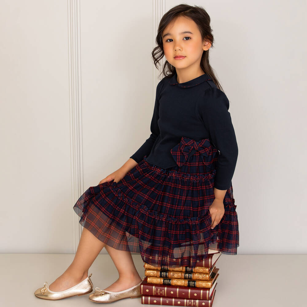 Patachou-فستان قطن جيرسي وتول تارتان لون أحمر وكحلي | Childrensalon Outlet