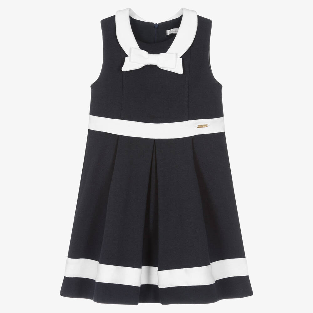 Patachou - Girls Navy Blue & White Cotton Dress | Childrensalon