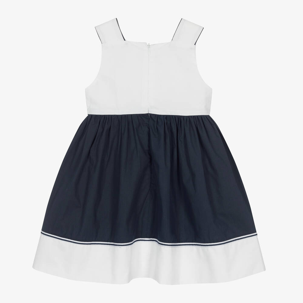 Patachou-Girls Navy Blue & White Cotton Dress | Childrensalon Outlet