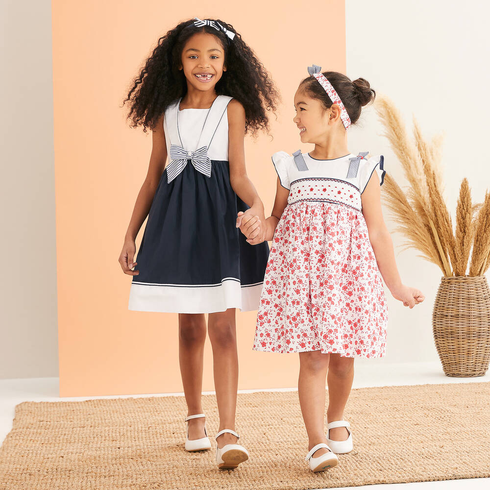 Patachou Girls Navy Blue White Cotton Dress