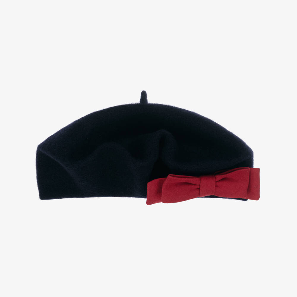 Patachou-Girls Navy Blue Wool Beret with Red Bow | Childrensalon Outlet