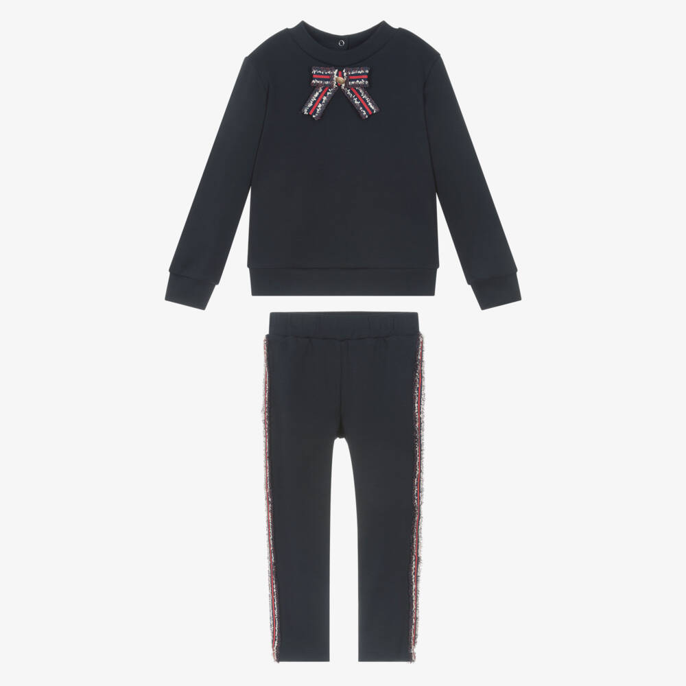 Patachou-بدلة رياضية للبنات من القطن الأزرق الداكن مع فيونكة | Childrensalon Outlet