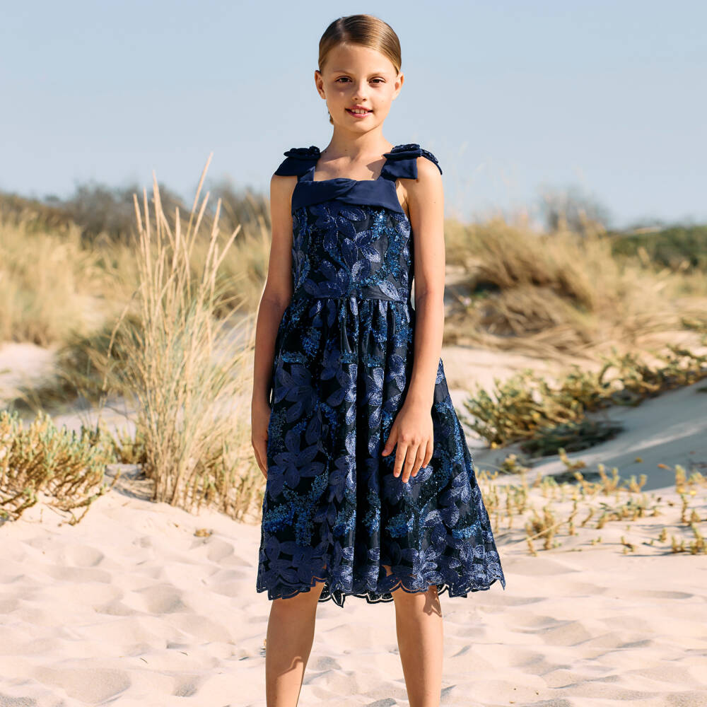Patachou-Girls Navy Floral Tulle Dress | Childrensalon Outlet